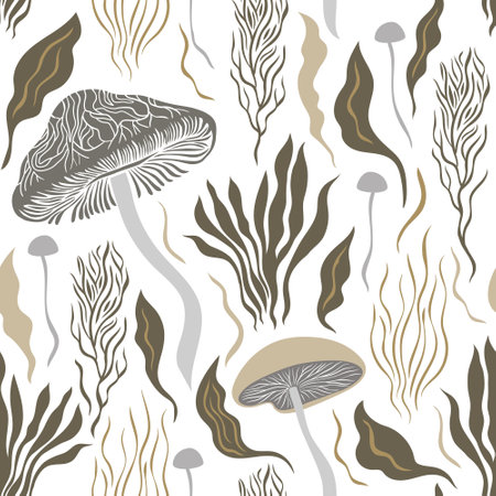 Seamless pattern , mushrooms and plants , leaves and branches, herb, grass, botanical illustration Vector illustration.のイラスト素材