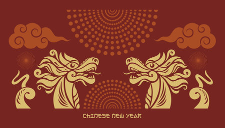 Chinese Happy New Year 2024. Year of the Dragon. Greetings card with gold Dragon on a white background, horizontal bannerのイラスト素材