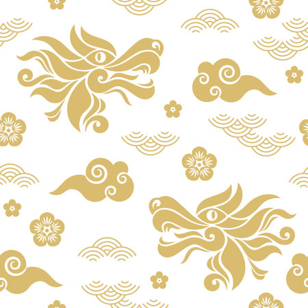 Seamless pattern with japanese elements. vector illustration. dragon. Symbol of 2024. Year of the Dragon. gold and white colorsのイラスト素材
