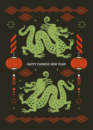 Chinese Happy New Year 2024. Year of the Dragon. Greetings card, green dragons on a black backgroundのイラスト素材