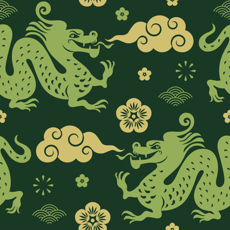 Seamless pattern with dragon and clouds on a green background.のイラスト素材