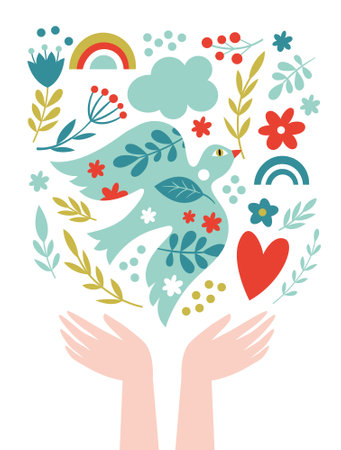 World peace poster. Dove of peace , flowers, heart, symbols of peaceのイラスト素材