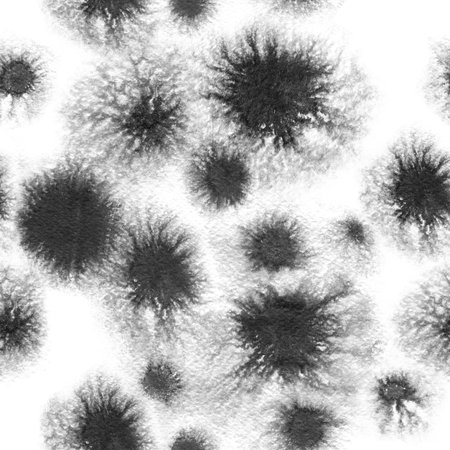 Black and white abstract watercolor seamless pattern with chaotic blots, hand painted, spot ink spread on a white paperの写真素材