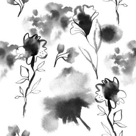 Elegance black and white watercolor seamless pattern with flowers, hand painted, spot ink spread on a white paperの写真素材