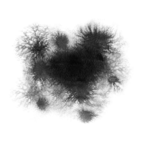Black hand-drawn blot, spreading ink on white paper.  Grunge splatter, paint splashes, liquid stains, abstract ink dropsの写真素材