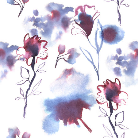 Elegance watercolor seamless pattern with flowers, hand painted style, spot ink spread on a white paperの写真素材