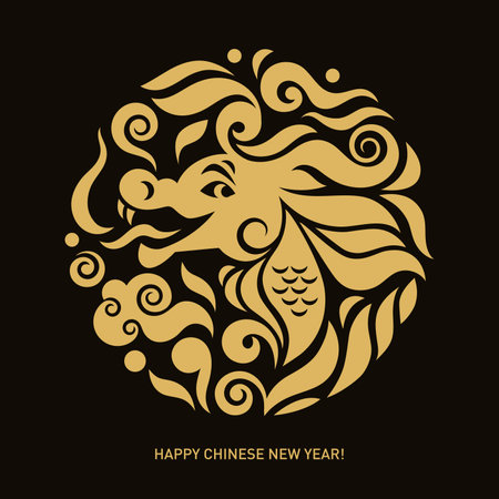 Chinese Happy New Year 2024. Year of the Dragon. Greetings card, emblem, round label design. Gold ornament on a blackのイラスト素材