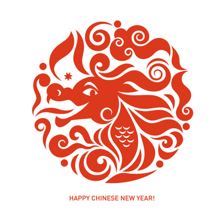 Chinese Happy New Year 2024. Year of the Dragon. Symbol of 2024. Greetings card, emblem, round label design. Red on whiteのイラスト素材