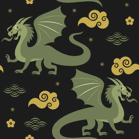 Seamless pattern with Dragon. Symbol of 2024. Year of the Dragon. Green Dragons on a blackのイラスト素材