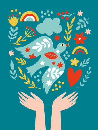World peace poster. Dove of peace , flowers, heart, symbols of peaceのイラスト素材