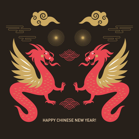 Chinese Happy New Year 2024. Year of the Dragon. Greetings card, banner . Two red Dragons on blackのイラスト素材