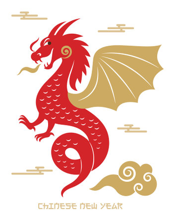 Chinese Happy New Year 2024. Year of the Dragon. Symbol of Year.Red Dragon with wingsのイラスト素材