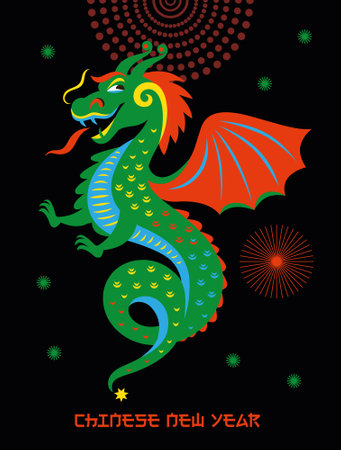 Chinese Happy New Year 2024. Year of the Dragon. Symbol of New Year. Greetings card. Cute Green Dragon with red wings on black backgroundのイラスト素材