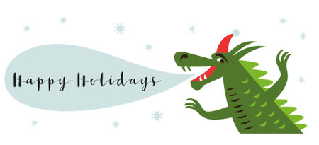 Cute cartoon dragon with Merry Christmas text. Vector illustration.のイラスト素材