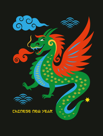 Chinese Happy New Year 2024. Year of the Dragon. Symbol of New Year. Greetings card. Cute Green Dragonのイラスト素材