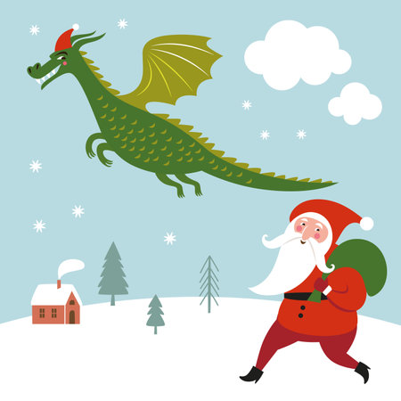 Cute flying Dragon and Santa. Christmas illustration.New Year of the green Dragon on the eastern calendar. Greeting cardのイラスト素材