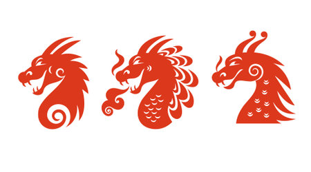 Logo design. Set of Heads of dragons on white. Chinese Happy New Year 2024. Year of the Dragon. Symbol of New Year.のイラスト素材