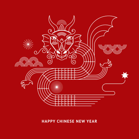 Chinese Happy New Year 2024. Year of the Dragon. Symbol of New Year. Dragon in geometric flat modern style, line artのイラスト素材