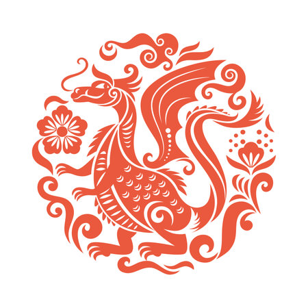Chinese Happy New Year 2024. Year of the Dragon. Symbol of New Year.  Dragon and flowers in circleのイラスト素材