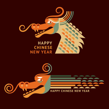 Logo design. Chinese Happy New Year 2024. Year of the Dragon. Symbol of New Year. Two head of dragon in geometric flat modern style on a dark backgroundのイラスト素材