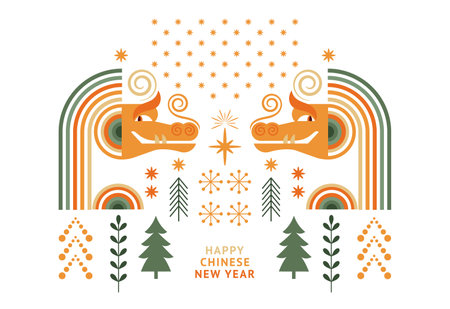 Chinese Happy New Year 2024. Year of the Dragon. Symbol of New Year. Dragon in geometric flat modern style, line art. Isolated on whiteのイラスト素材