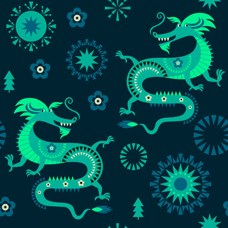 Seamless pattern with dragon and stars on dark blue background.のイラスト素材