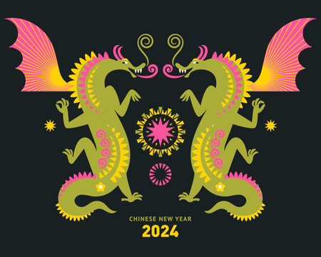 Chinese New Year 2024. Year of the Dragon according to the Eastern Chinese calendar. Cute vector dragon on a dark backgroundのイラスト素材