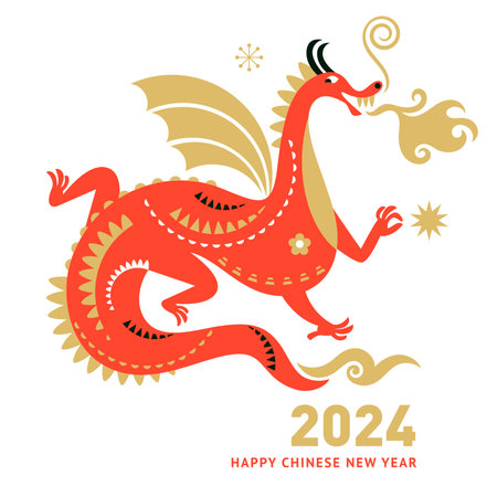 Chinese New Year 2024. Year of the Dragon according to the Eastern Chinese calendar. Cute red dragonのイラスト素材