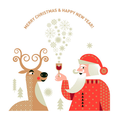 Santa Claus's reindeer and Santa Claus. Christmas and New Year Greeting card.のイラスト素材