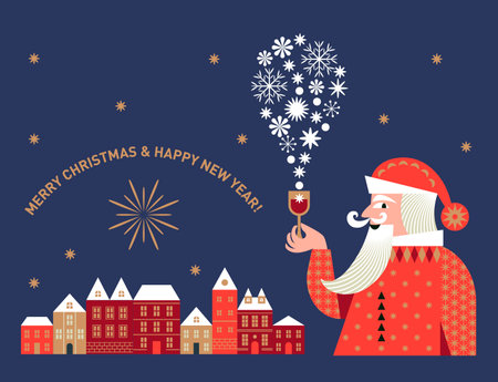 Christmas and New Year Greeting card. Gift card, label design. Funny Santa Claus with glass of champagneのイラスト素材