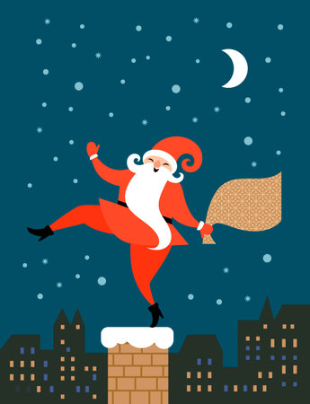 Christmas and New Year Greeting card. Funny Santa is dancing on the roof on night city backgound. Santa is coming down the chimneyのイラスト素材