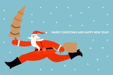 Christmas and New Year Greeting card. Funny Santa Claus run with xmas tree. Flat design styleのイラスト素材