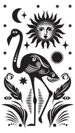vector black and white illustration of bird flamingo with elements on the theme of mythologyのイラスト素材