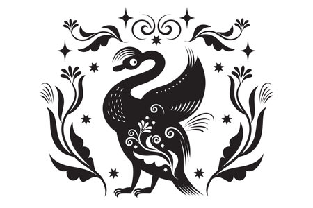vector black and white illustration of Fiction bird, rooster, chick, Folk Art, linocut style, animalistic ornamentのイラスト素材