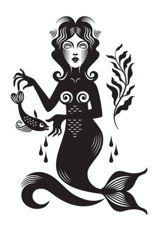 Mermaid with small fish, black and white graphic illustration, nymphのイラスト素材
