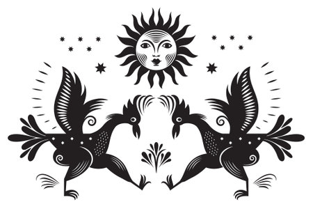 Vector black and white illustration, Two birds, roosters dancing, Folk Art, linocut style.のイラスト素材