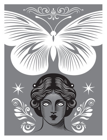 Black and white illustration on the theme of mystic and esoteric. Woman face and butterfly bannerのイラスト素材