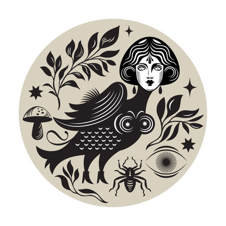 Black and white illustration on the theme of mystic and esoteric. The mythical bird with woman face and branchesのイラスト素材