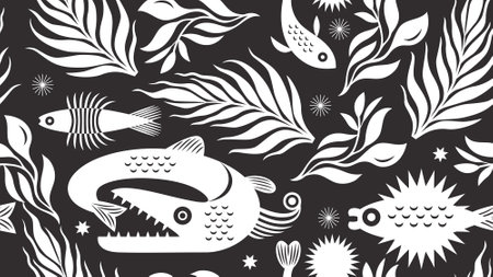 black and white seamless pattern depicting abstract fishes and water plants, marine lifeのイラスト素材