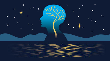 Silhouette of a head in profile, inside which a tree looks like a brain. Illustration on the theme of a human brain, mind, meditation, biohackingのイラスト素材