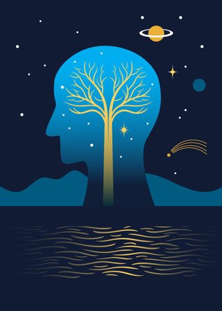 Silhouette of a head in profile, inside which a tree looks like a brain. Illustration on the theme of a human brain, mind, intellectのイラスト素材