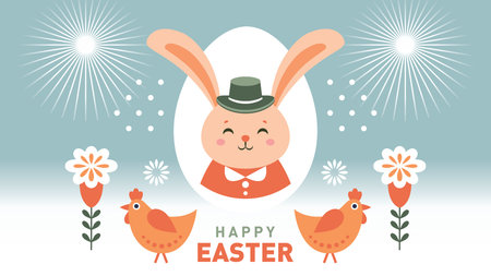 Happy Easter greeting card with cute bunny and chicken. Vector illustration.