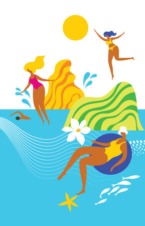 Girls having fun at a seaside resortのイラスト素材