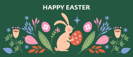 Happy Easter greeting card with cute bunny and eggs. Vector illustration.のイラスト素材