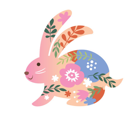 Cute rabbit with flowers and leaves. Vector illustration on white background. Happy Easter greeting card with decorative Easter Bunnyのイラスト素材