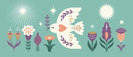 Vector illustration of a dove with flowers and stars in a flat style.のイラスト素材