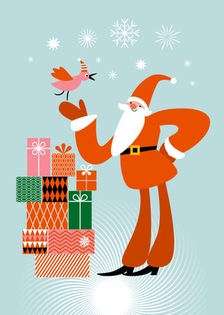 Santa Claus with a bird and gifts on a blue background. Vector illustrationのイラスト素材