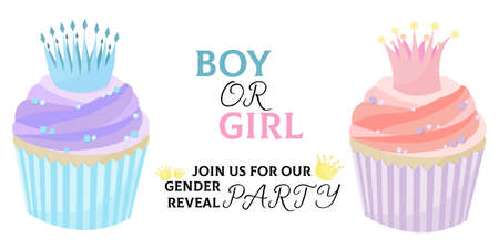 Gender party invitation - boy or girl, with pink and blue cupcakes. Cupcakes for a baby gender reveal party - girl or boy. Invitation to a children's party. Postcard, invitation, template with text.のイラスト素材