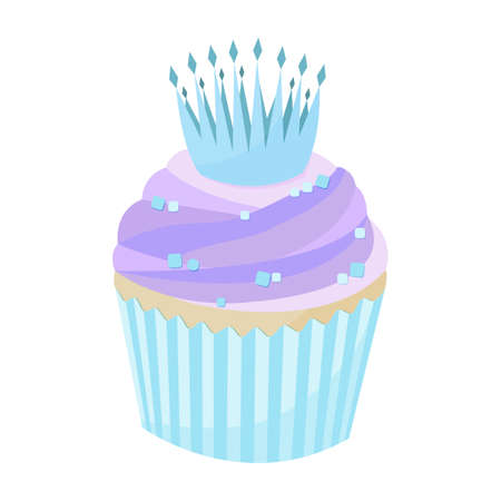 Blue cupcake with a cute crown, cartoon style. Stock vector illustration isolated on white background. Can be used as a sticker, as a separate element for a baking theme, for bakery, for candy storeのイラスト素材