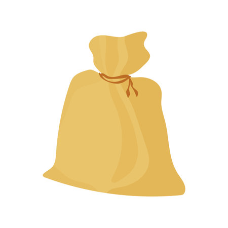 Bag vector icon, money bag flat simple cartoon illustration with brown lace. Old fabric bag for storing grain and cereals. Stock vector illustration isolated on white background. Storage pouch icon.のイラスト素材